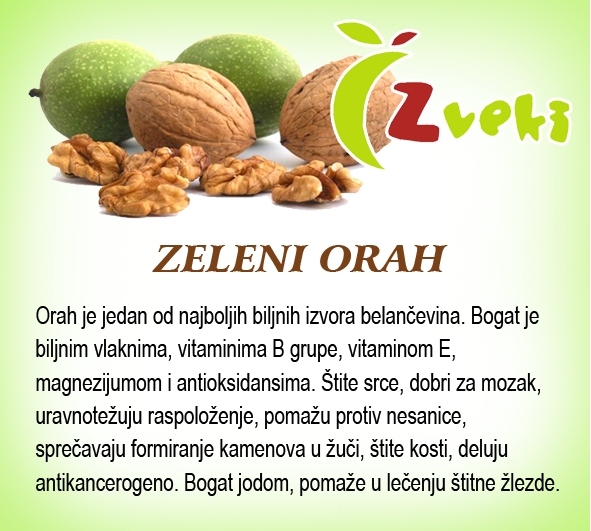 Zveki zr Zeleni orah Orah je jedan od najboljih biljnih izvora belančevina. Bogat je biljnim vlaknima, vitaminima B grupe, vitamino E, magnezijumom i antioksidansima. Štite srce, dobri su za mozak, uravnoteđuju raspolođenje, pomađu protiv nesanice, sprečavaju formiranje kamenova u đuči, štite kosti, deluju antikancerogeno, Boga jodom, pomaže u lečenju štitne žezde.